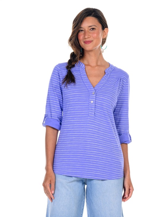 fresh produce Tops - Fresh produce Ocean Stripe Buttonside Henley in Peri purple white size large